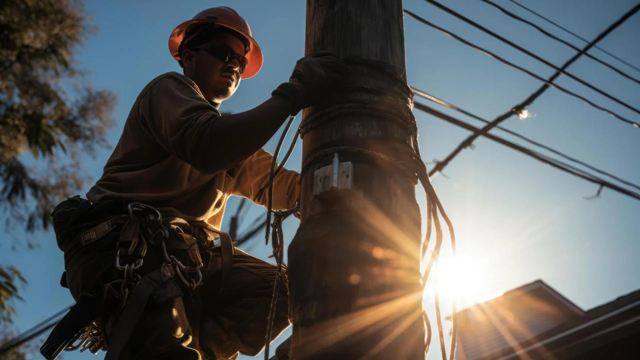 Ouvrier sur poteau électrique avec équipement de sécurité. Services de bricoleur.