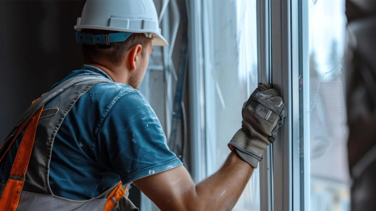 Installateur de fenêtres avec casque de sécurité. Travailleur installant une fenêtre.