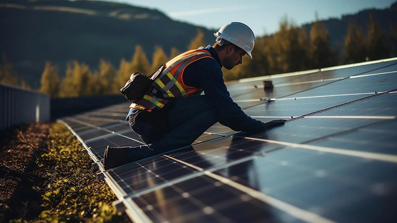 Technicien installant des panneaux solaires, rénovation écologique.