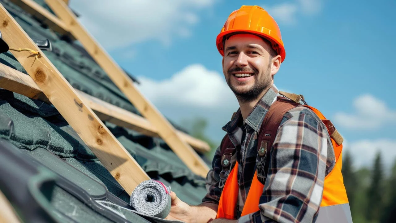 Homme souriant en casque orange travaillant sur un toit. Couvreur, rénovation.