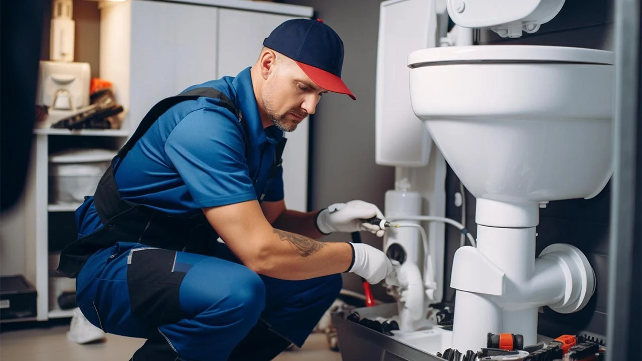 Plombier réparant une toilette. Entretien de plomberie.