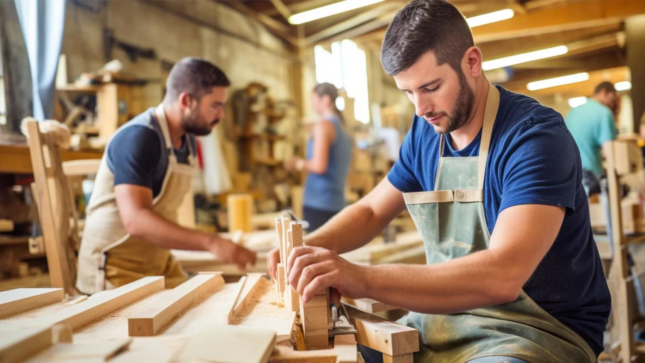Menuisiers travaillant le bois dans un atelier. Ressources d'équipement.